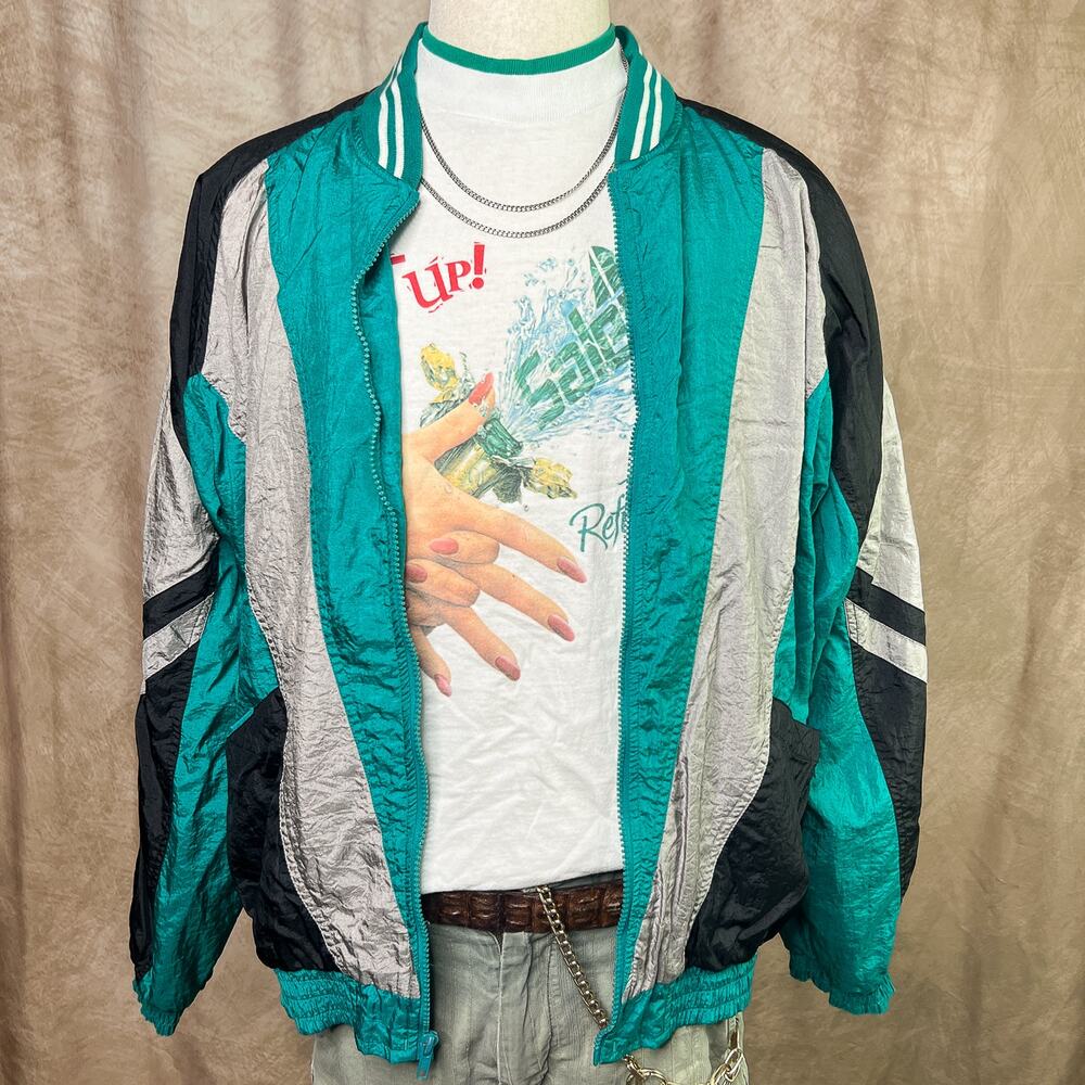 Vintage Windbreaker Jacket 90s Lavon Color Block Teal Zip Up Streetwear Outdoor